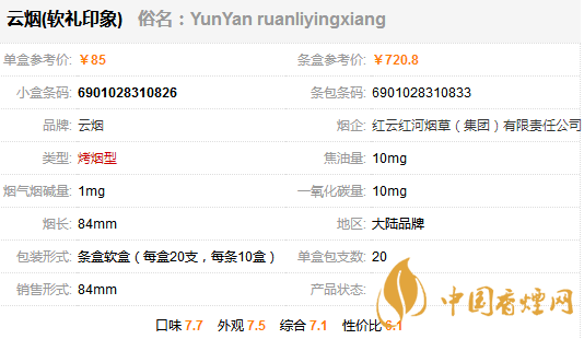 云煙軟禮印象多少錢一包 云煙軟禮印象香煙價格表圖一覽